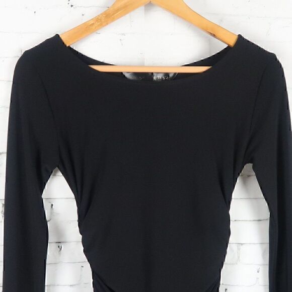 KAMALI KULTURE BLACK LONG SLEEVE RUCHED SIDES MIDI BLACK TIE COCKTAIL DRESS - Picture 4 of 9